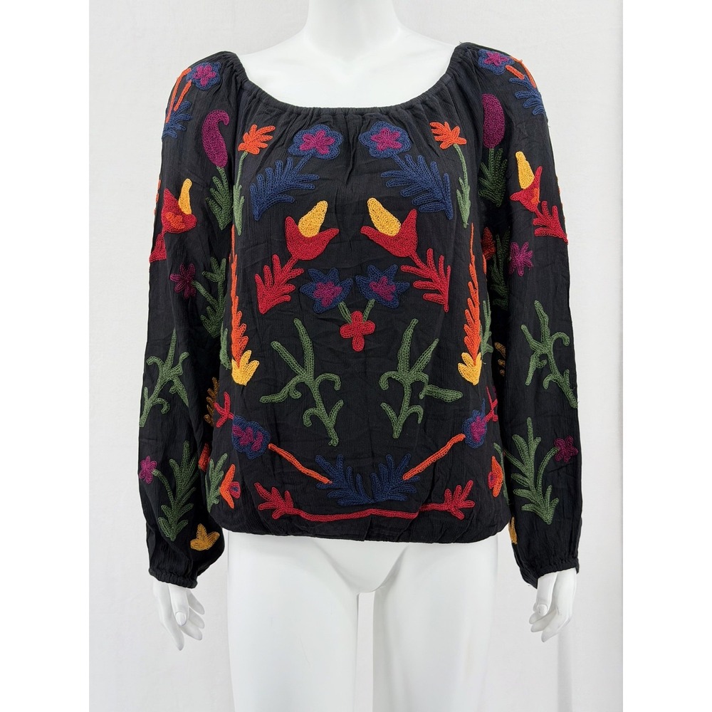 Laurie Felt Top Womens Medium Black Embroidered Floral‎ Peasant Boho Long Sleeve